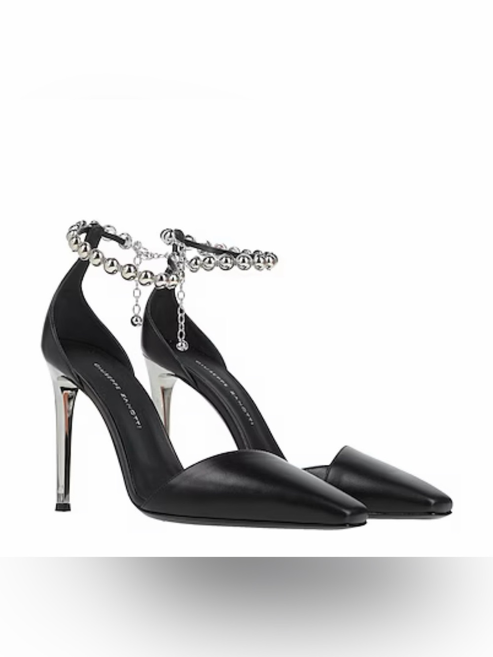 Giuseppe Zanotti Black Pointed Leather Heels with Silver Beaded Ankle Strap